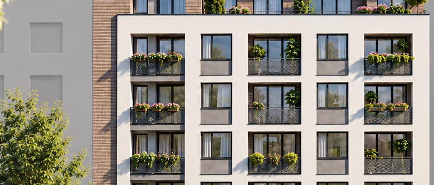 LUNA Residence, Budapest XIII., Reitter Ferenc utca 55. és Országbíró utca, erkélysor virágládákkal az utcai homlokzaton