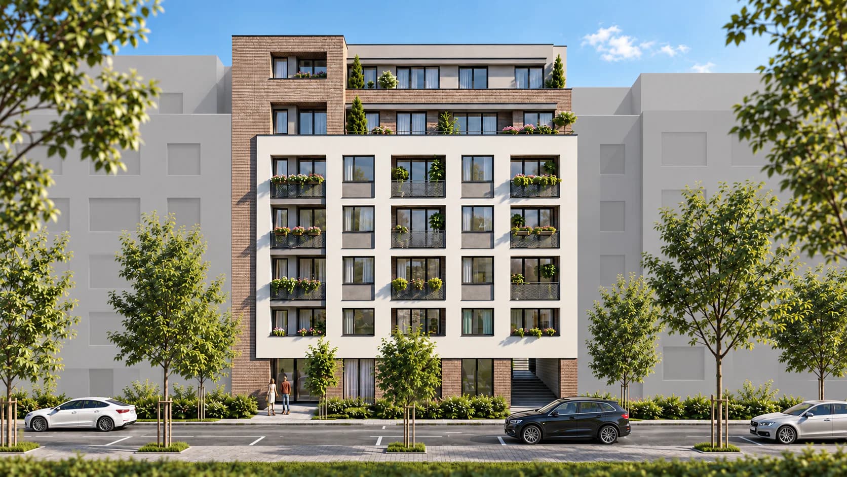 LUNA Residence látványterv: a kisebbik épület utcai homlokzata tégla saroktoronnyal, krémszínű ablakráccsal és virágos erkélyekkel