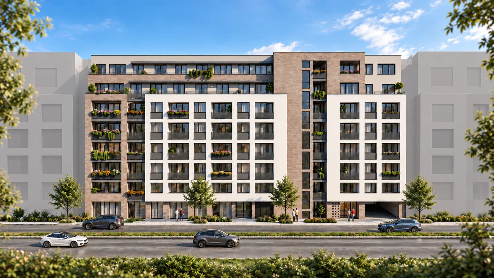 LUNA Residence látványterv, Reitter Ferenc utca 55. és Országbíró utca: utcai homlokzat tégla toronnyal, krémszínű ablakráccsal és beültetett erkélyekkel