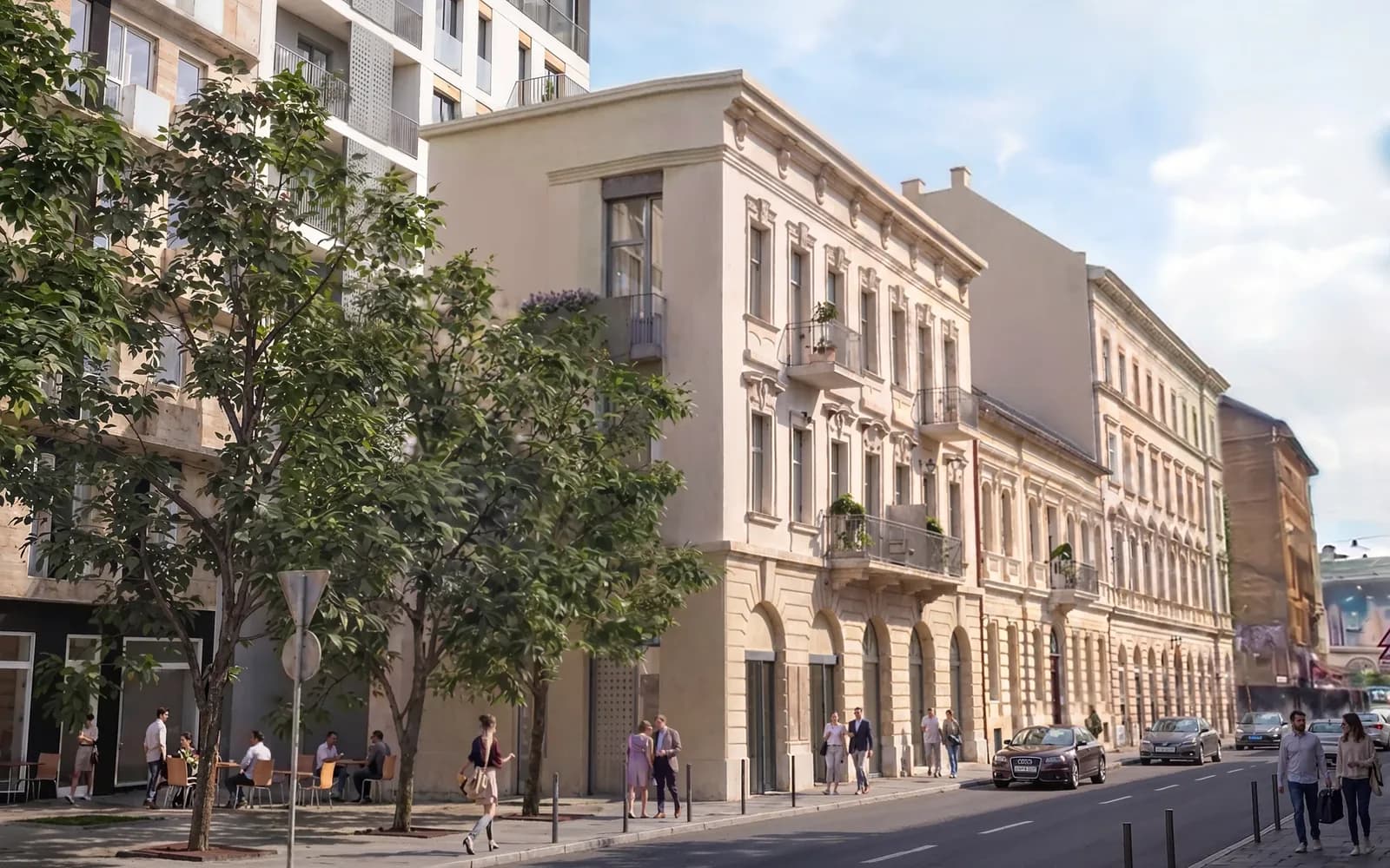 A YARA Residence Klauzál utcai történelmi homlokzata, mögötte az új épület, látványterv